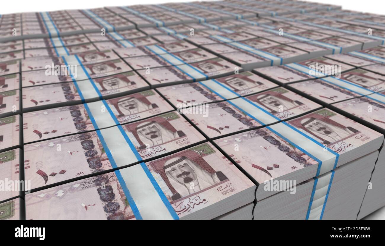 3D-Illustration von Saudi-arabischen riyal Bills stapelt Hintergrund Stockfoto