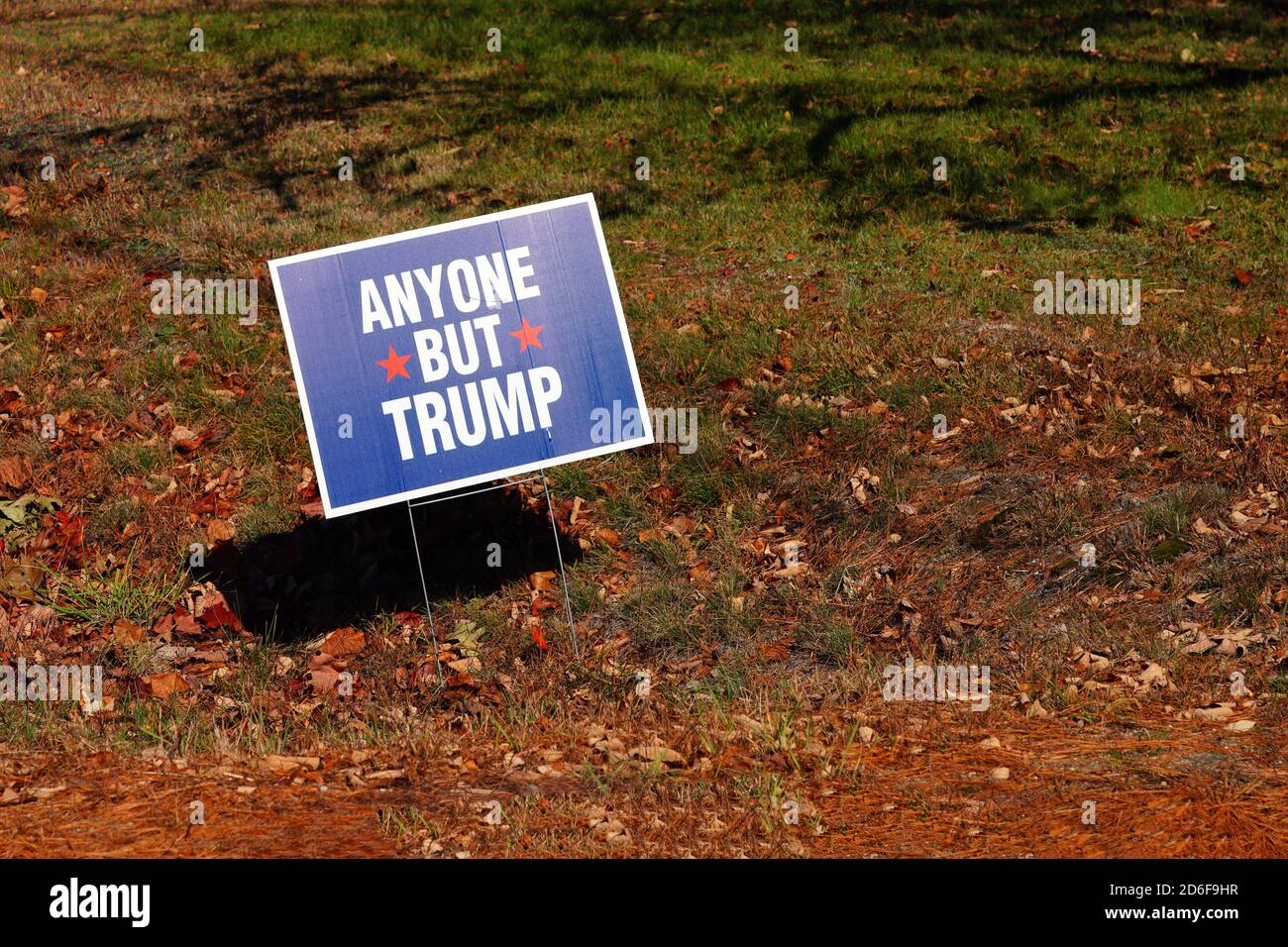 PORTLAND, ME -9 Okt 2020- Ansicht eines demokratischen Rasenzeichens, das jedermann außer Trump während der Kampagne 2020 in Portland, Maine, Vereinigte Staaten sagt. Stockfoto