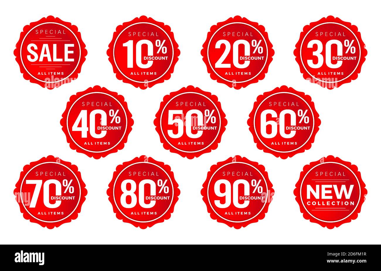 Rabatt Sticker Nummer, Rabatt Nummer gesetzt, Tag Nummer Rabatt Vektor gesetzt, rote Etikett Verkauf Zahlen Sammlung . Für Werbung, Shopping Festival, Stock Vektor