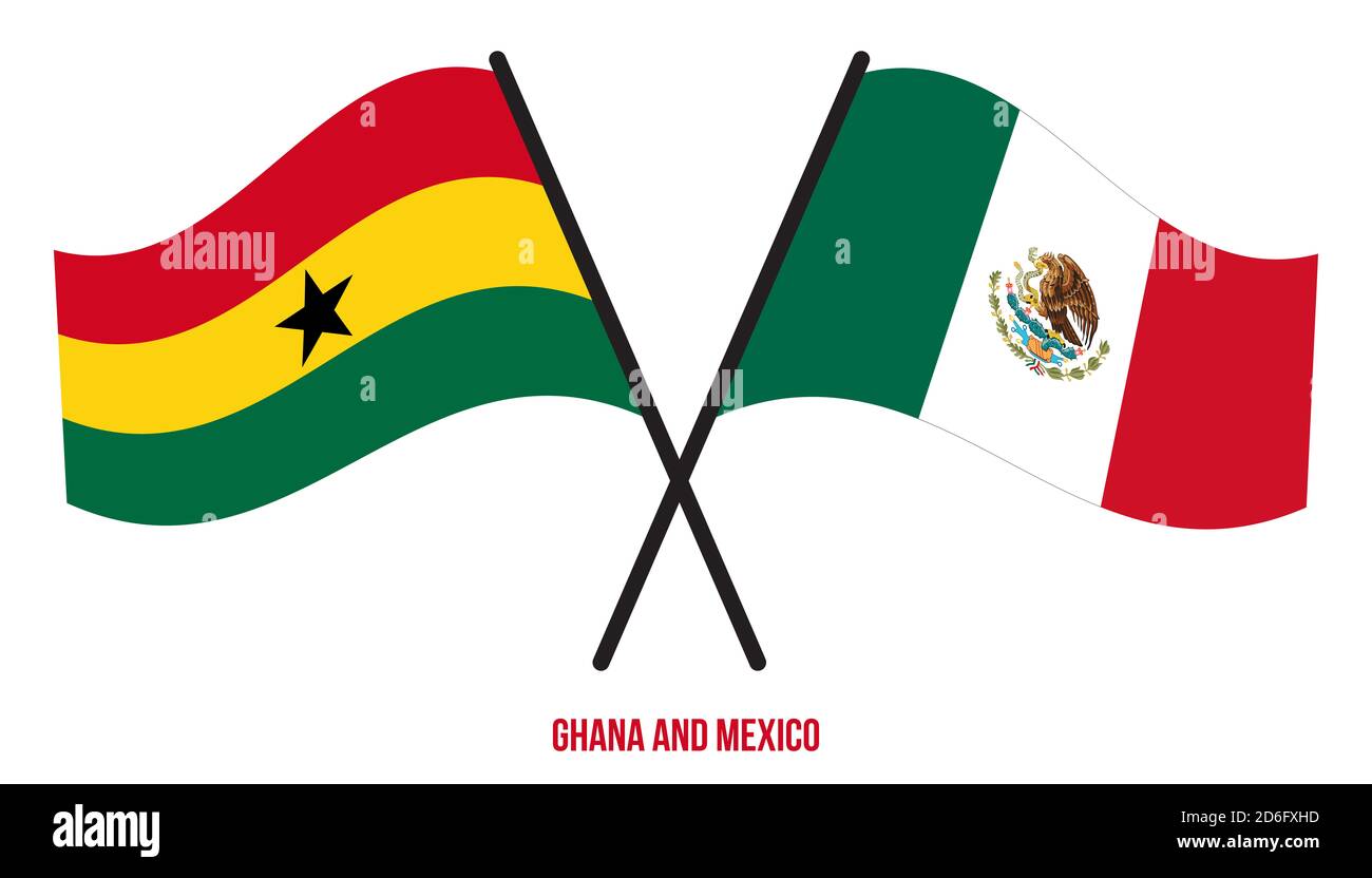 Ghana und Mexiko Flaggen gekreuzt und winken Flat Style. Offizieller Anteil. Korrekte Farben. Stockfoto