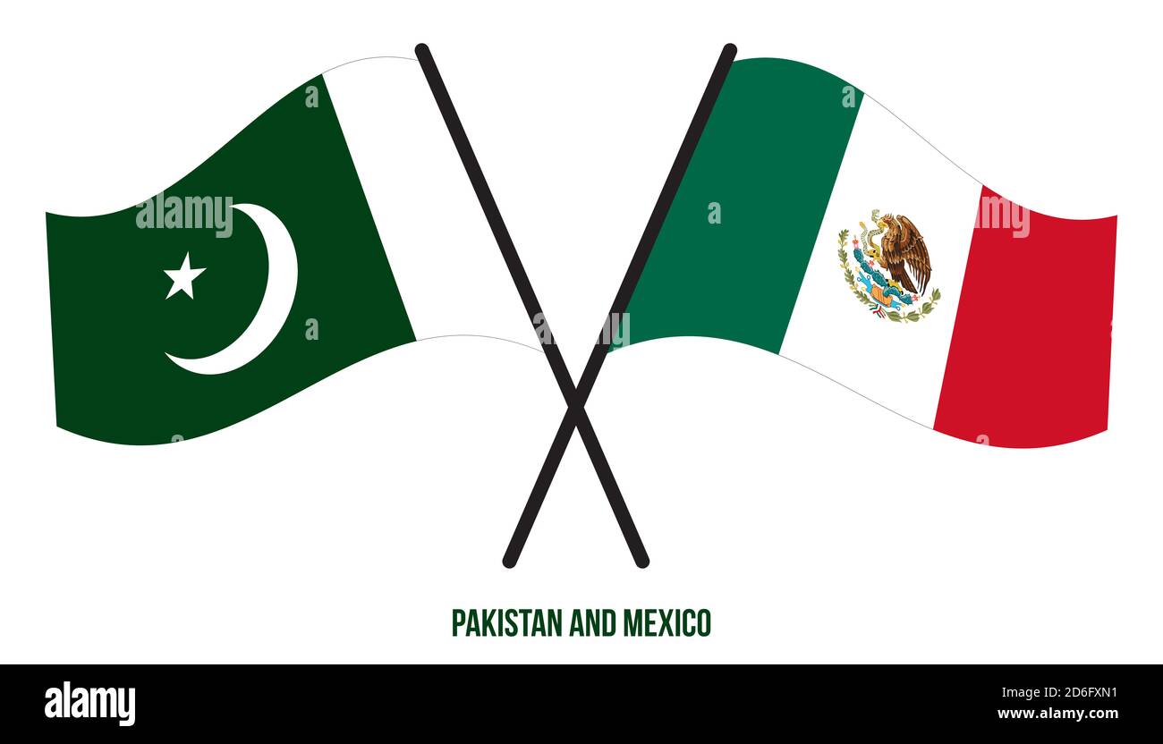 Pakistan und Mexiko Flaggen gekreuzt und winken Flat Style. Offizieller Anteil. Korrekte Farben. Stockfoto