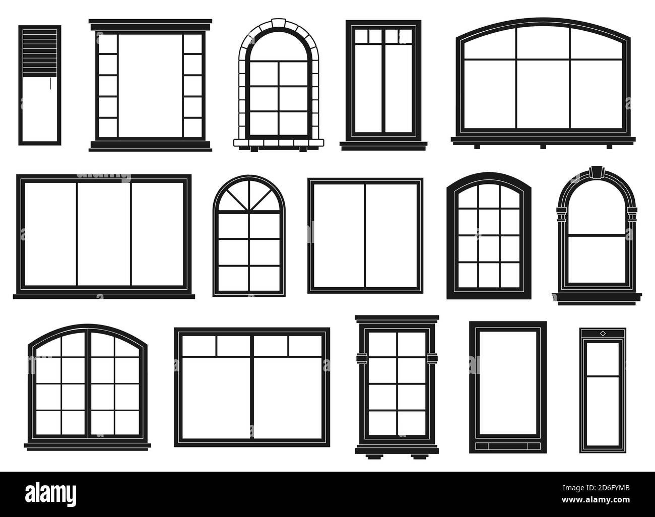 Fenstersilhouetten. Außenrahmen Fenster, schwarze Umrisse verzierten Bögen und Türen architektonischen Elemente, isoliert Vektor-Set Stock Vektor