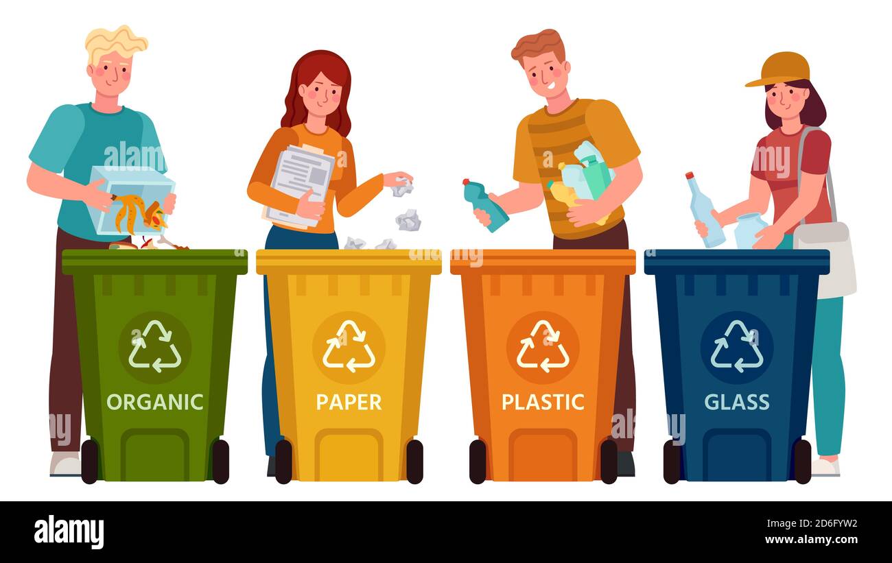 Leute, die Müll sortieren. Männer und Frauen trennen Abfall und werfen Müll in Recycling-Behälter. Ökologie Lifestyle Vektor Illustration Stock Vektor