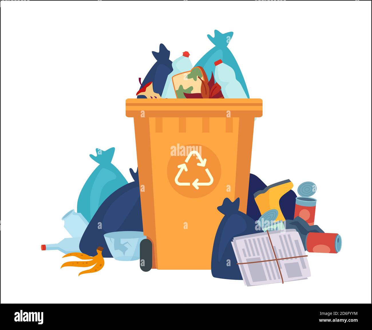 Voller Papierkorb. Überfließender Recycling-Behälter mit Plastiktüten und Abfall. Vector recyceln kann mit Haufen von Kunststoffabfällen. Müllhalde Stock Vektor