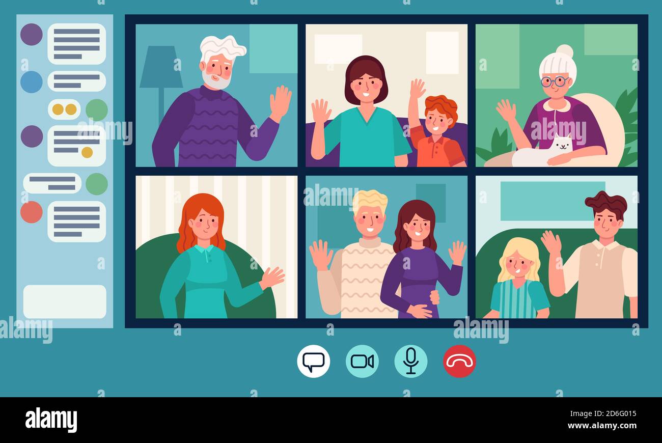 Familien-Video-Chat. Eltern, Großeltern und Kinder im Web chatten. Online-Videoanruf. Ältere Menschen Internet-Gespräch Vektor-Konzept Stock Vektor