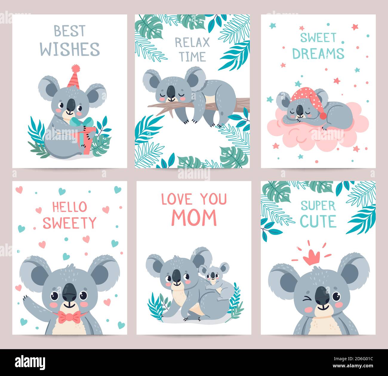 Koala Poster und Karten. Drucke mit niedlichen schlafenden Koalas. Australische Baby Bär umarmt Mutter. Party Einladung mit Dschungel Tier, Vektor-Set Stock Vektor