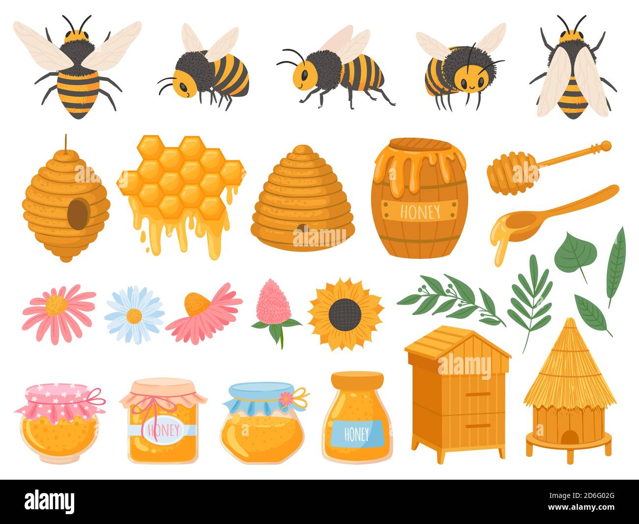 Imkerei. Apikultur Produkte verschiedene Honig in Gläsern. Honeycomb, Bienenwachs, Bienenstock, Blumen und Bienen Bio-Lebensmittel-Vektor-Set Stock Vektor