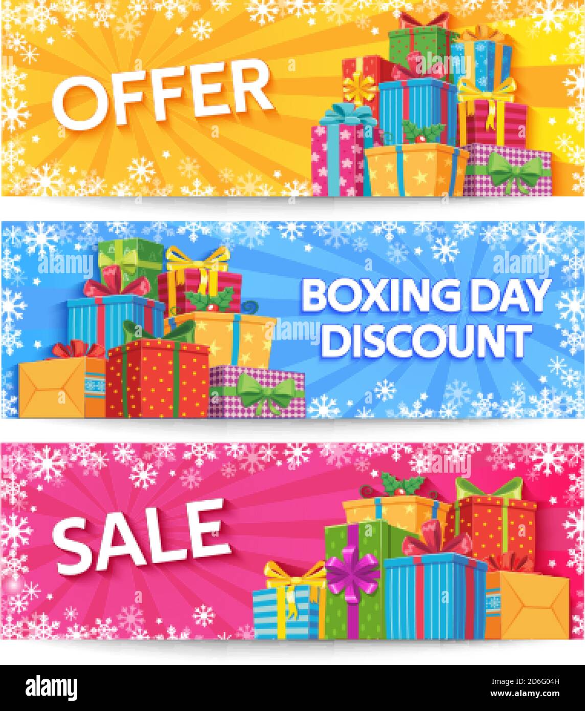 Boxtag. Urlaub Geschenk-Boxen mit Band, Weihnachten oder Hochzeitsgeschenke, Geburtstagsgeschenke, weihnachtsangebot Promotion, große Verkauf Vektor Banner Set Stock Vektor