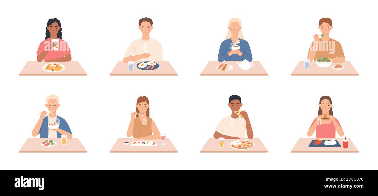 Die Leute essen. Männer und Frauen essen leckere Mahlzeiten, Freunde sitzen am Tisch im Restaurant, Café und essen verschiedene leckere Gerichte Cartoon-Vektor-Set Stock Vektor