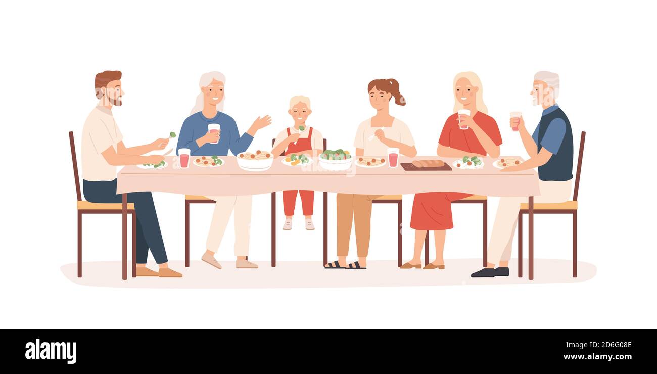 Familienessen. Großeltern, Eltern und Kinder sitzen am Feiertagstisch, glückliche Menschen essen leckeres Essen, Vektor-Konzept Stock Vektor