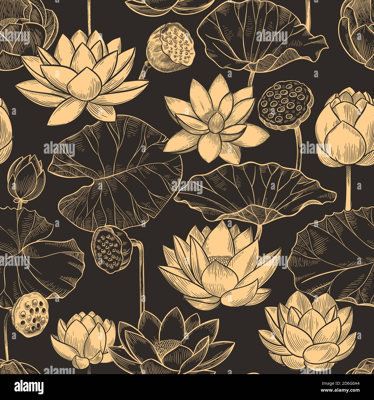 Skizze Lotus nahtloses Muster. Florale Zusammensetzung Seerose Blumen und Blätter, monochrome Lotusse für Produkte, Tapete Vektor Textur Stock Vektor