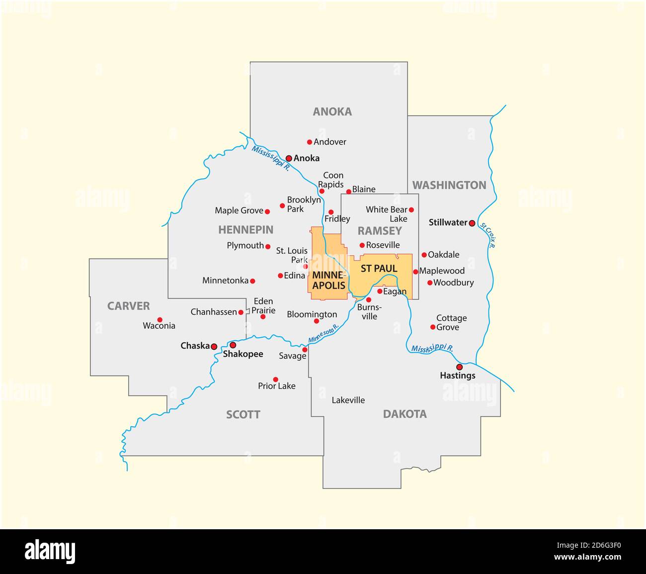 vektorkarte der Metropolregion Minneapolis-Saint Paul, Minnesota, USA Stock Vektor