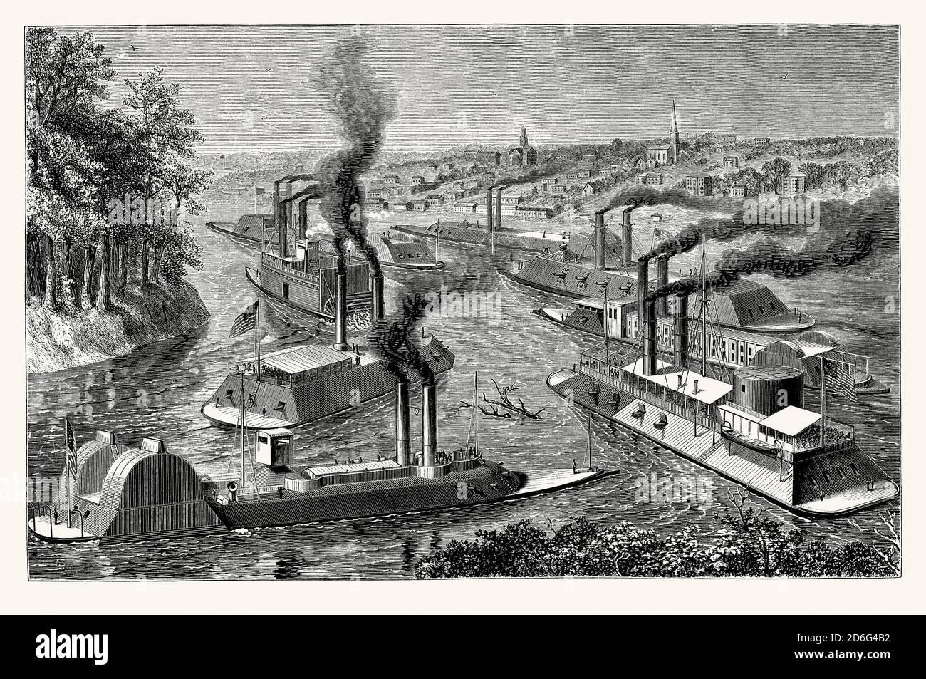 Eine alte Gravur zeigt eiserne Kriegsschiffe der Union auf dem Mississippi während des amerikanischen Bürgerkrieges um 1862. Es ist aus einem viktorianischen Buch der 1880er Jahre. Die Kanonenboot-Flottille auf dem Mississippi River wurde ‘Mississippi River Squadron’ genannt. Es war das Marinegeschwader der Union, das auf den westlichen Flüssen operierte. ‘war ursprünglich Teil der Union Army und wurde als die ‘MWestern Gunboat Flotilla’ oder die „Kissippi Flotilla“ bekannt. Seine endgültige Bezeichnung erhielt sie, als sie 1862 an die Union Navy übertragen wurde. John Rodgers war der erste Kommandant der Geschwader. Stockfoto