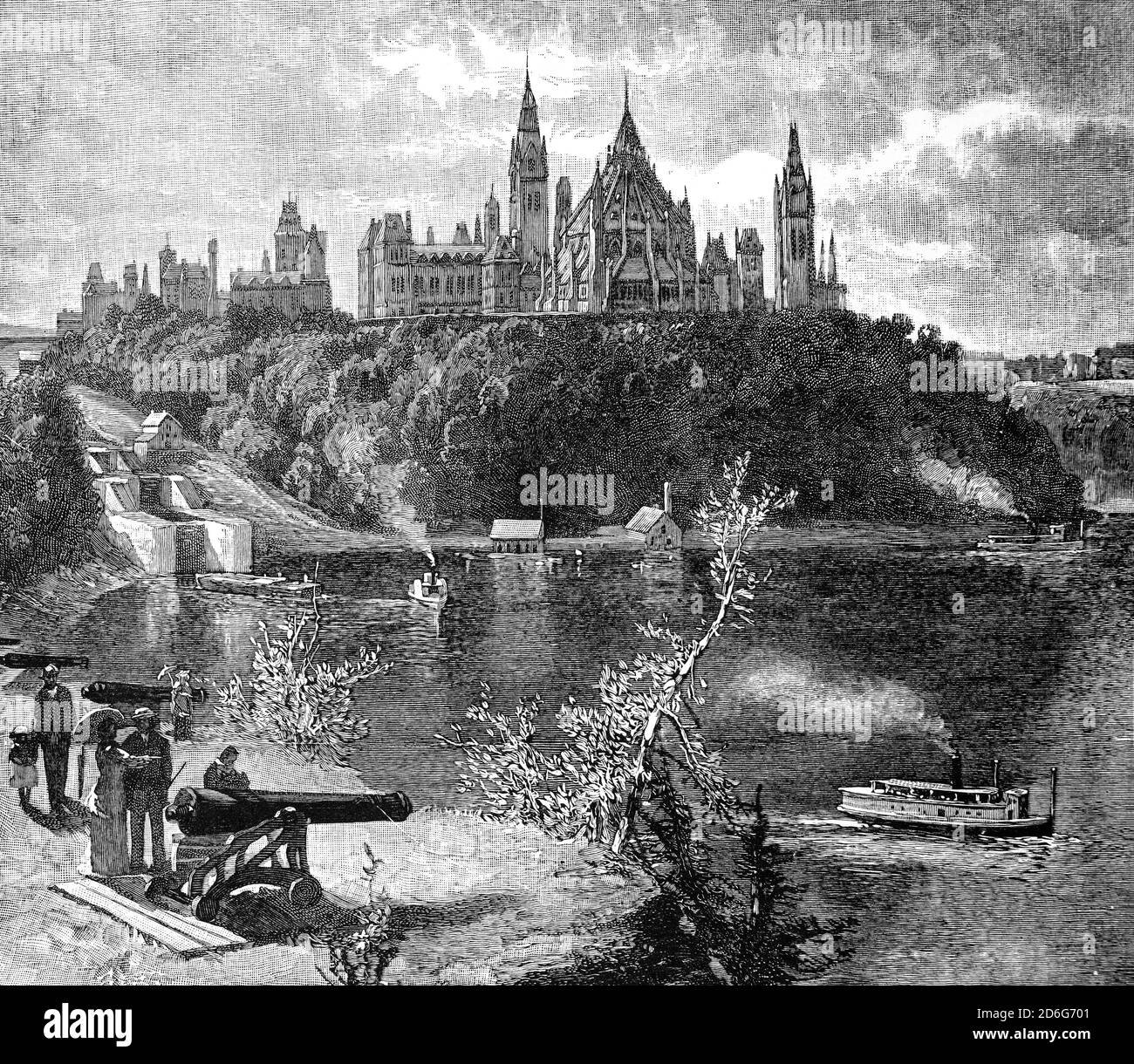 Ein Blick aus dem 19. Jahrhundert auf die Parlamentsgebäude am südlichen Ufer des Ottawa River in der Innenstadt von Ottawa, Ontario, Kanada, von Major's Hill aus. Die gotische Revival Suite von Gebäuden war ursprünglich der Ort einer Militärbasis im 18. Und frühen 19. Jahrhundert. Die Entwicklung des Gebiets zu einem Regierungsviertel begann 1859, nachdem Königin Victoria Ottawa als Hauptstadt der Provinz Kanada gewählt hatte. Stockfoto
