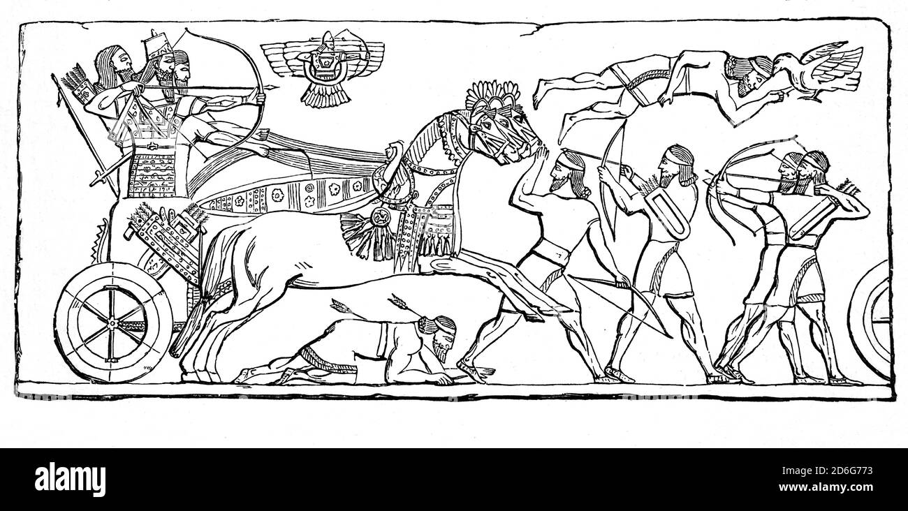 Eine Illustration einer assyrischen Skulptur aus dem späten 19. Jahrhundert, die den König im Krieg darstellt und verherrlicht. Die alten assyrischen Staaten, vor allem das neo-assyrische Reich von 911 bis 612 v. Chr., regierten den modernen Irak, Syrien und einen Großteil des Iran. Stockfoto