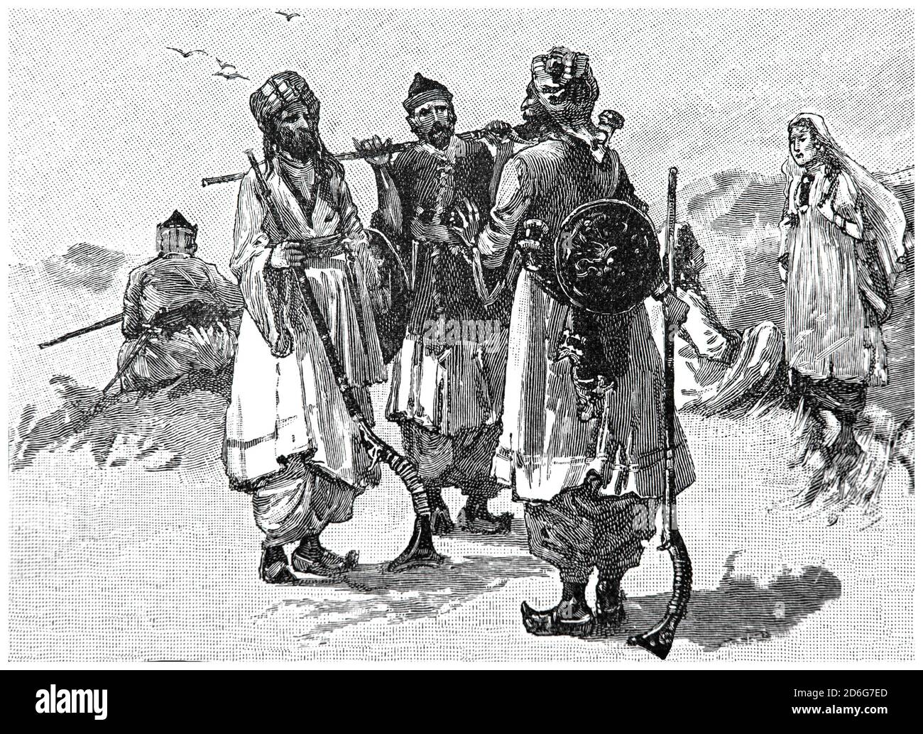Eine Gruppe afghanischer Krieger des 19. Jahrhunderts. 1838 marschierten die Briten in Afghanistan ein, zogen sich aber nach einem Aufstand 1842 aus Kabul zurück, eroberten es aber nach der Schlacht von Kabul wieder. Nach dem zweiten anglo-afghanischen Krieg im Jahr 1878 gewann Großbritannien die Kontrolle über die Außenbeziehungen Afghanistans als Teil des Vertrags von Gandamak von 1879. Stockfoto