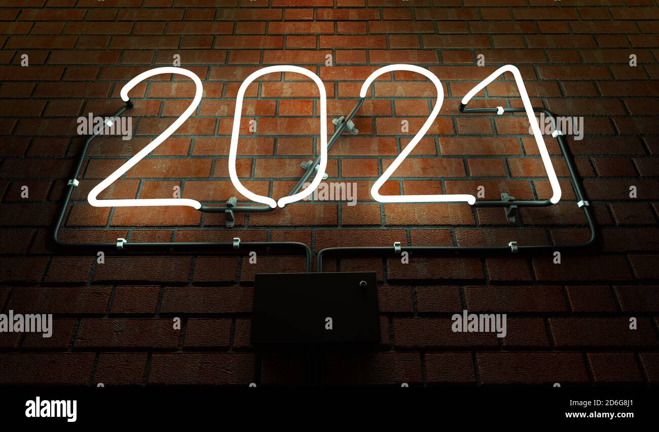 Lit 2021 Schrift Mit Neonrohr An Ziegelwand Stockfoto