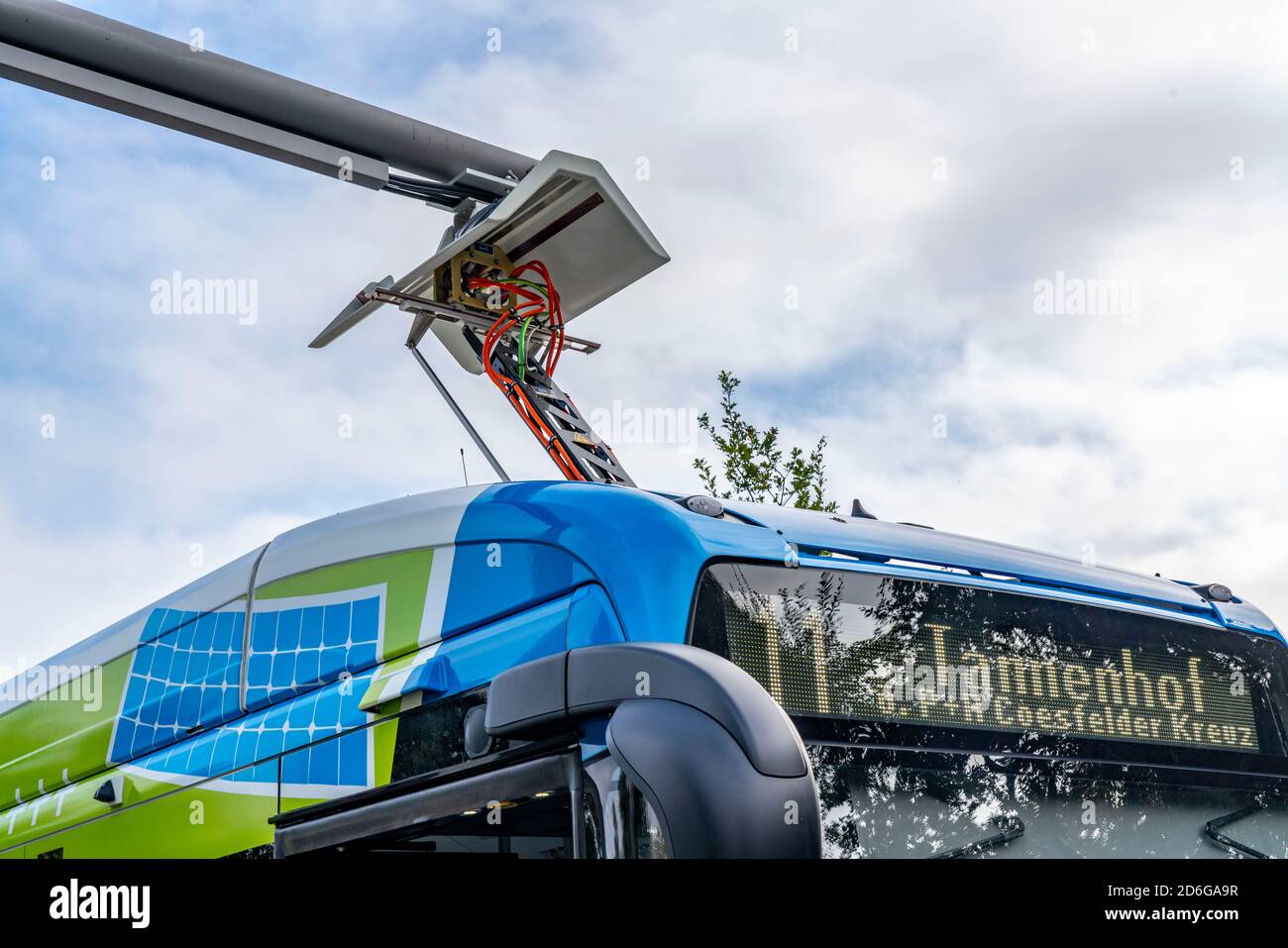 Elektrobus der Stadtwerke Münster, an einer Schnellladestation, Bushaltestelle, Buskraftstelle Dieckmannstraße in Münster Gievenbeck, 16 E-Busse Strom Stockfoto