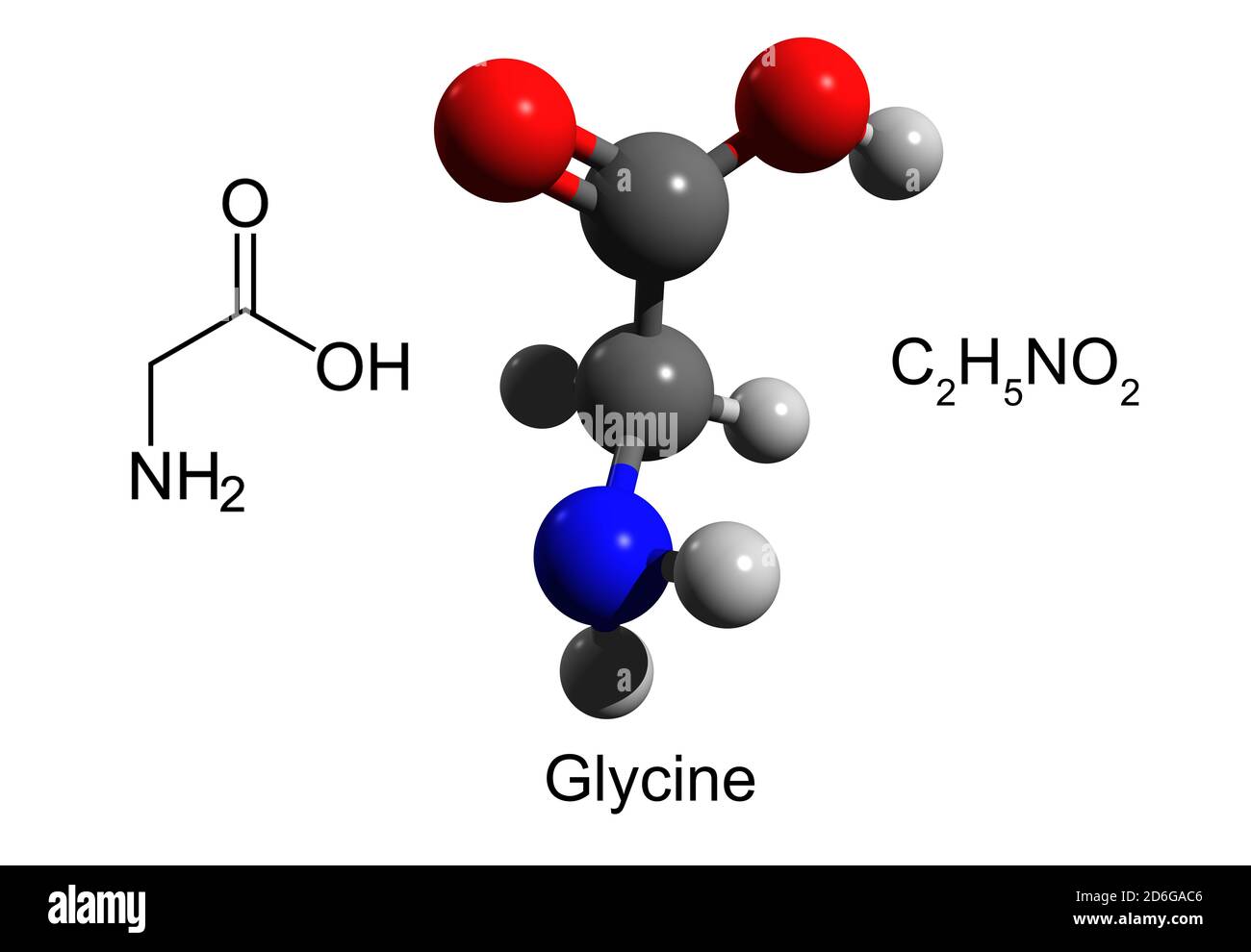 Chemische Formel, Strukturformel und 3D Ball-and-Stick-Modell von Glycin, eine einfachste essentielle Aminosäure, weißer Hintergrund Stockfoto