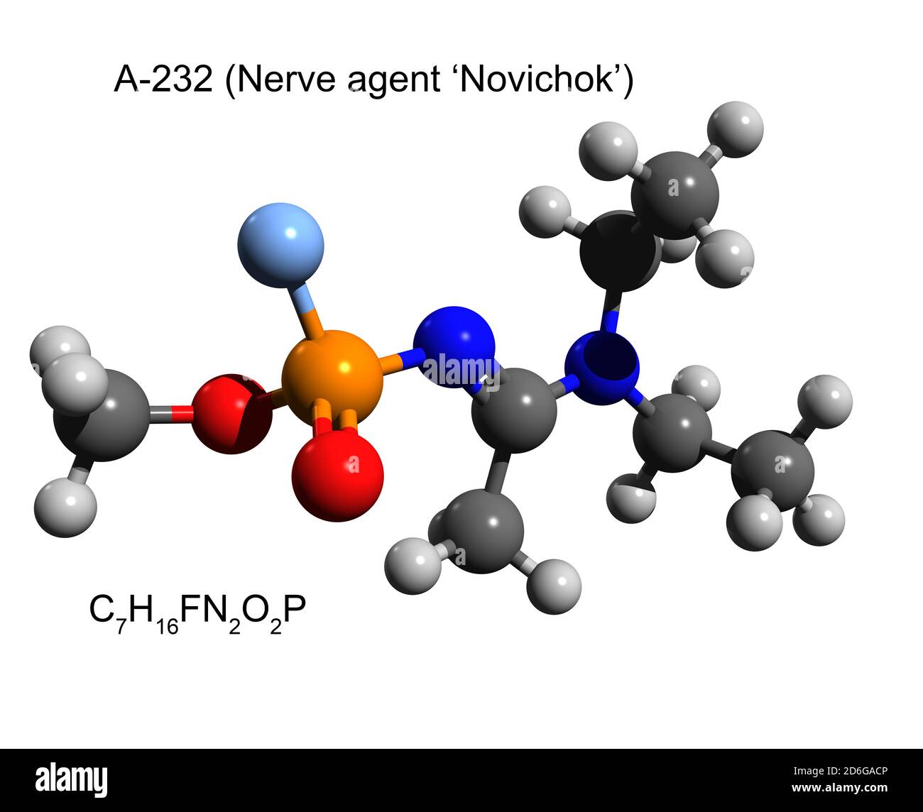 Chemische Formel und 3D-gerendertes Ball-and-Stick-Modell des NERVENMITTELS A-232 alias 'Novichok', isolierter, weißer Hintergrund Stockfoto