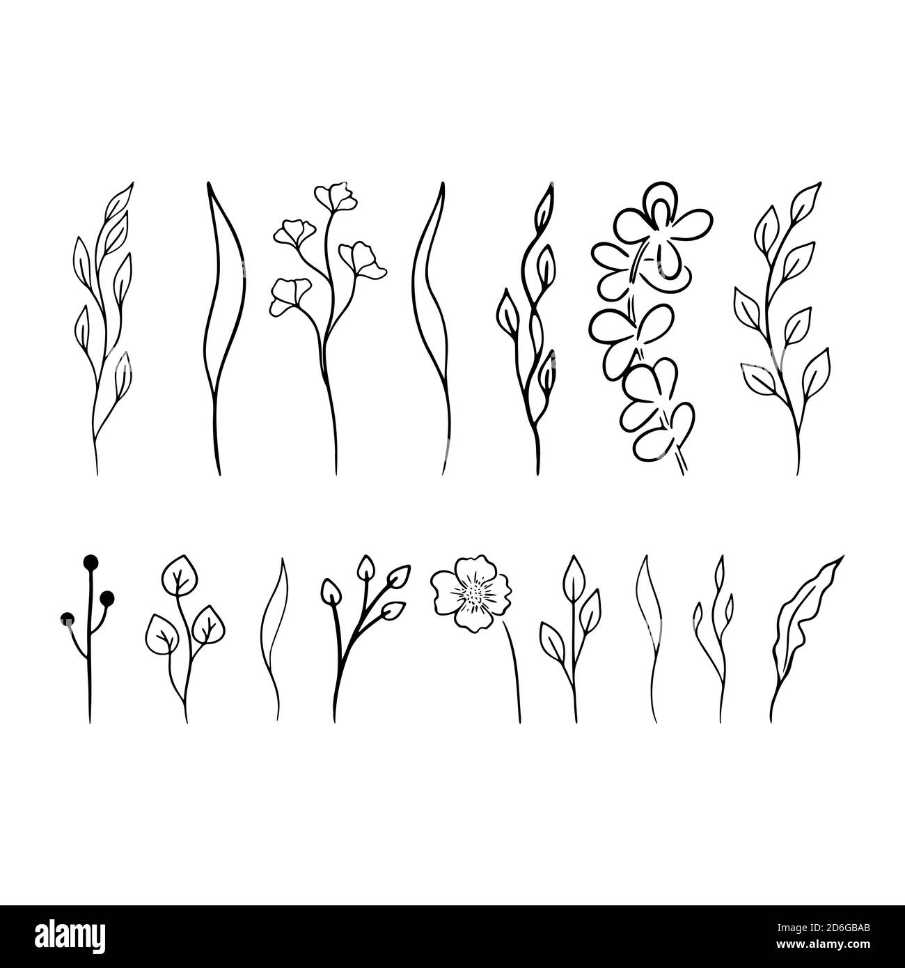Doodle Blumenzweig. Vektor für schwarze Lamellen eingestellt. Einfache Blumenkollektion. Handgezeichnete Eco-Symbole. . Vektorgrafik Stock Vektor