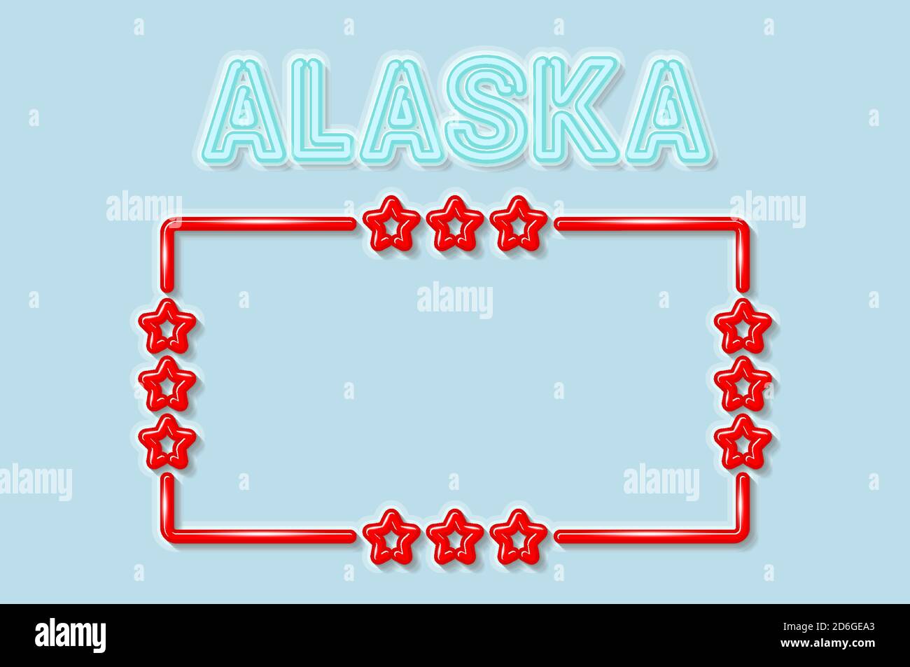 Alaska US-Staat weichen blauen Neonbuchstaben leuchtet aus. Glänzend roter Rahmen mit Sternen. Vektorgrafik Stock Vektor