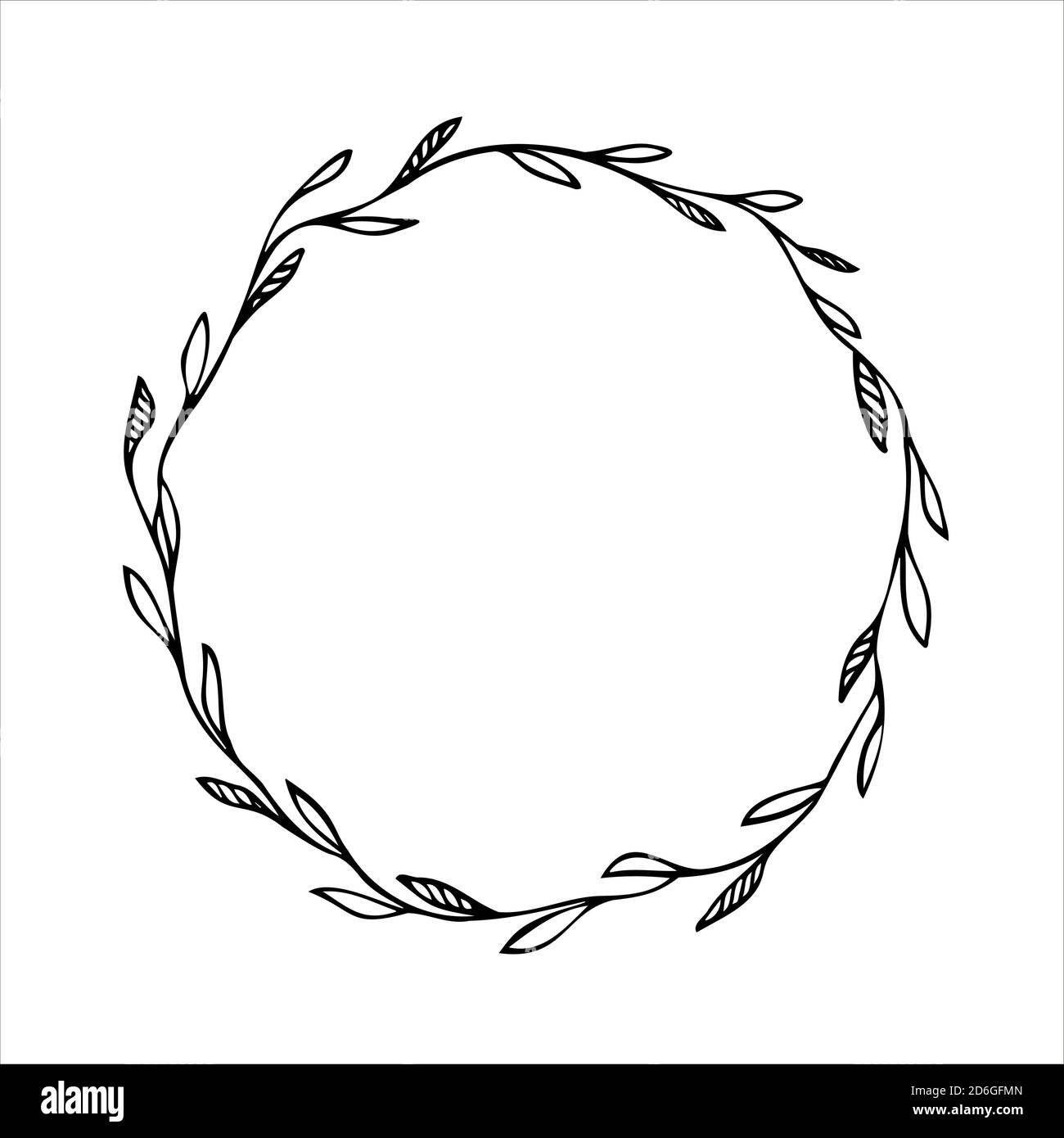 Hinterlässt einen handgezeichneten Rahmen. Botanischer Vektorrahmen. Blumenhintergrund. Zarte Blumenkranz Illustration. Linienzeichnung Vektor Zweige, Pflanzen, Kräuter. Blattlogo. Hochzeitseinladung. Stock Vektor