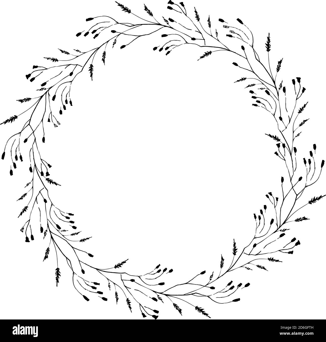 Blumenhintergrund. Botanischer Vektorrahmen. Hinterlässt einen handgezeichneten Rahmen. Zarte Blumenkranz Illustration. Linienzeichnung Vektor Zweige, Pflanzen, Kräuter. Blattlogo. Hochzeitseinladung stationär. Vektorgrafik Stock Vektor