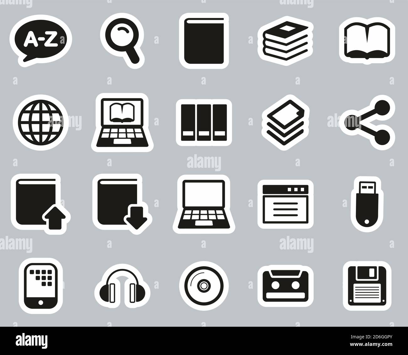 Wörterbuch oder Glossar Icons Schwarz & Weiß Sticker Set groß Stock Vektor