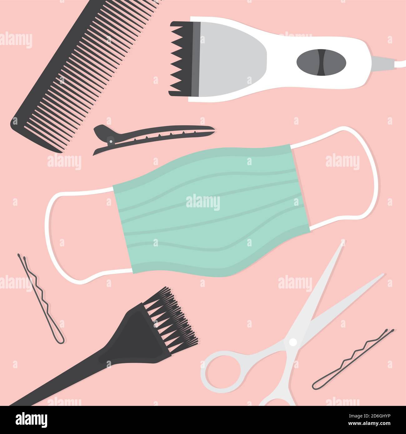Friseur-Tools, Besuch beim Friseur während Coronavirus Pandemie, Schutzmaßnahmen, Gesichtsmaske - Vektor-Illustration Stock Vektor