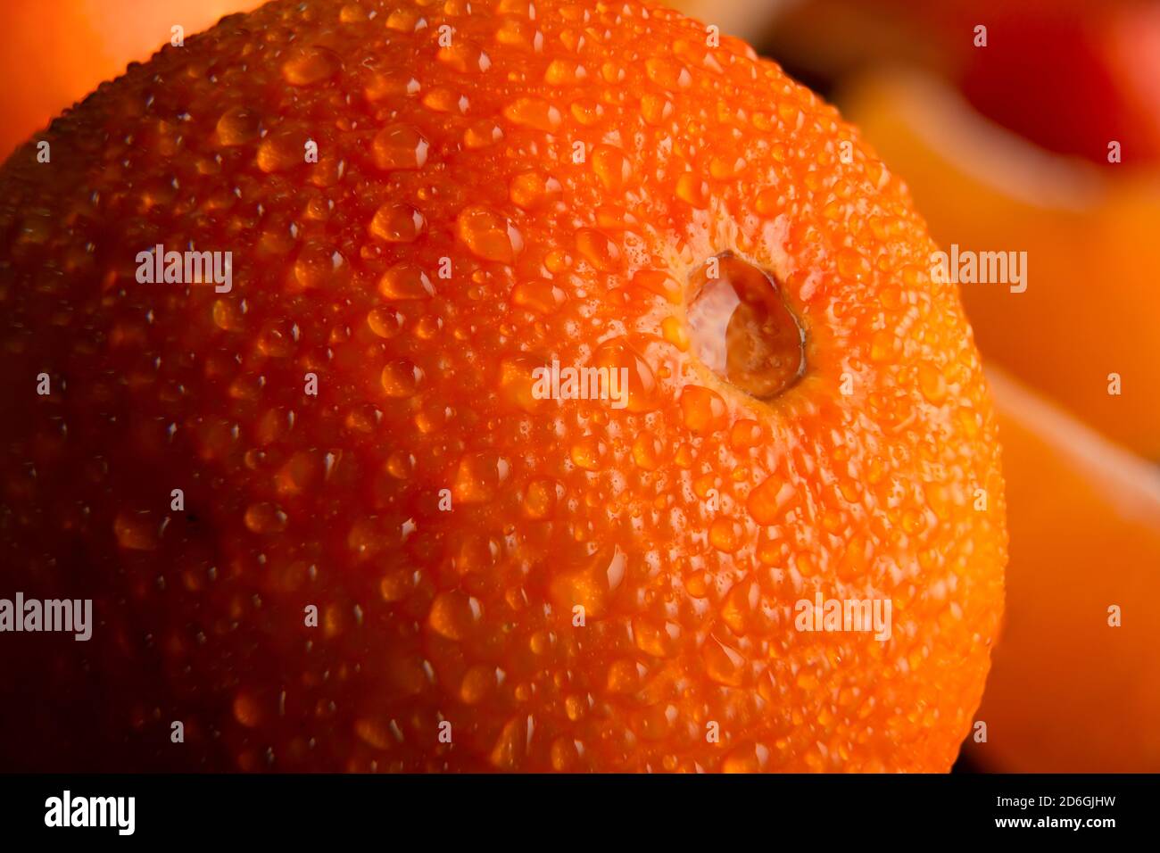Mandarine mit Wassertropfen auf der Oberseite von sehr nah gesehen Stockfoto