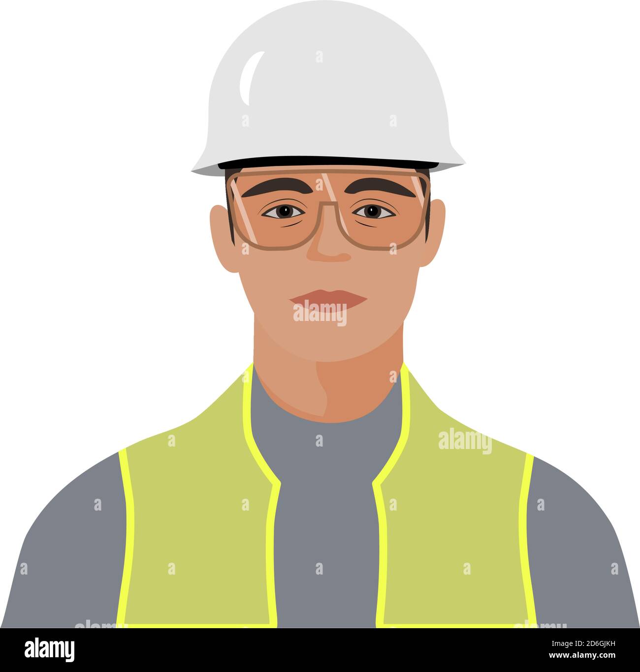 Bauarbeiter trägt Schutzhelm, Brille und reflektierende Weste; Vorderseite Porträt Abbildung. Stock Vektor