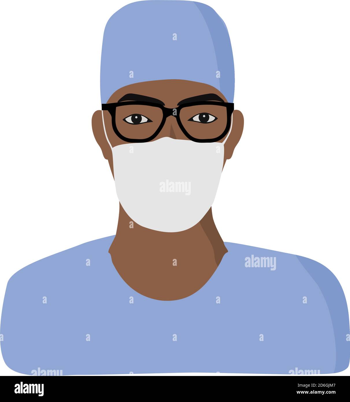 Afrikanisch, afroamerikanisch Ethnizität Mann Krankenschwester, Arzt. Krankenhausmitarbeiter in Uniform mit Maske, Kopfhaube und Brille. Stock Vektor