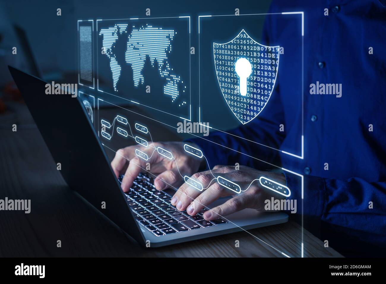 Cyber-Sicherheit und Netzwerkschutz mit Experten für Cybersicherheit, die an sicherem Zugang zum Internet arbeiten, um Server vor Cyberkriminalität zu schützen. Person, die tippt Stockfoto