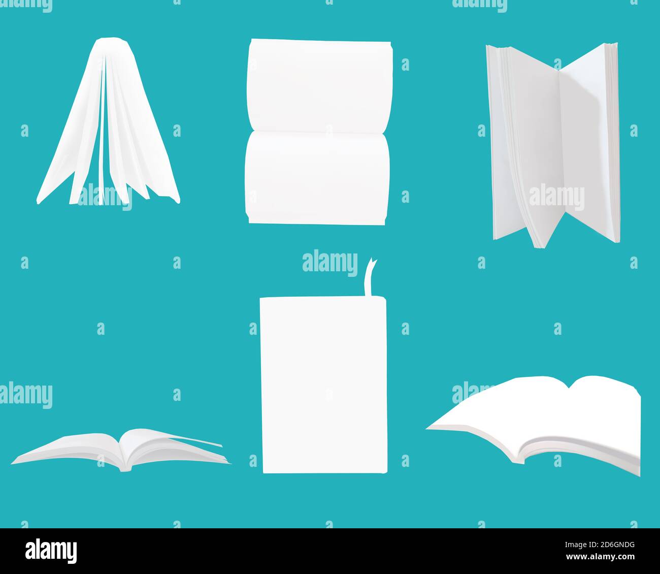 Verschiedene Arten von Büchern und Notizbuch mit White Papers wie Weiße Vektorobjekte, die auf demselben blauen Hintergrund isoliert sind Stockfoto