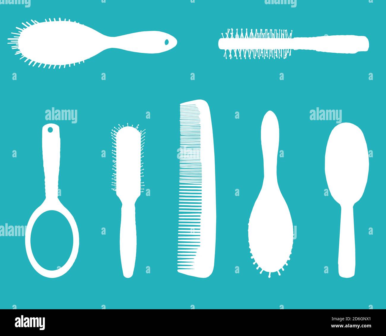 Verschiedene Arten von Kämmen und Haarbürsten als weißer Vektor Objekte auf demselben blauen Hintergrund isoliert Stockfoto