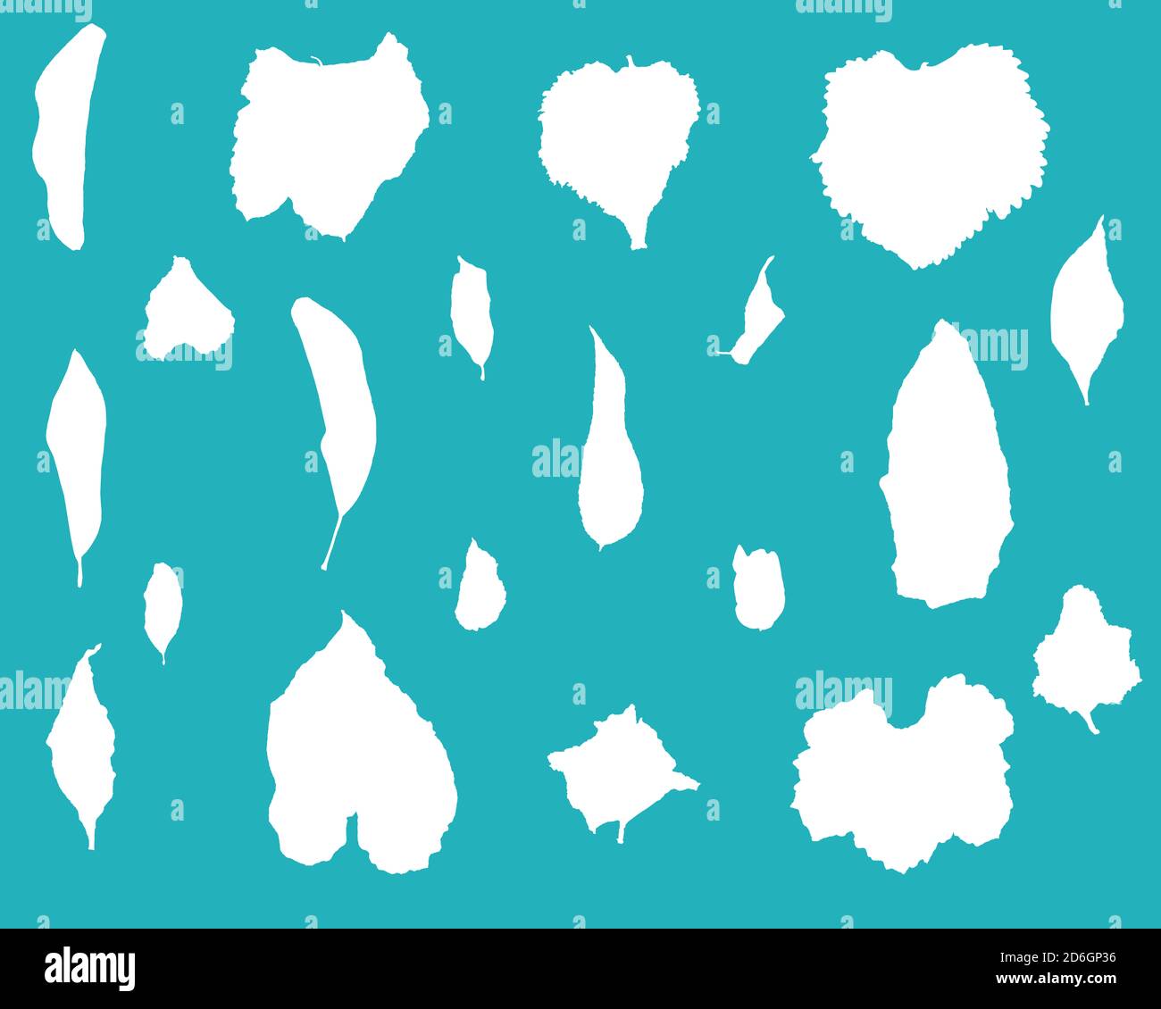 Verschiedene Arten von Blättern oder Blättern als weiße Vektorobjekte Isoliert auf demselben blauen Hintergrund Stockfoto