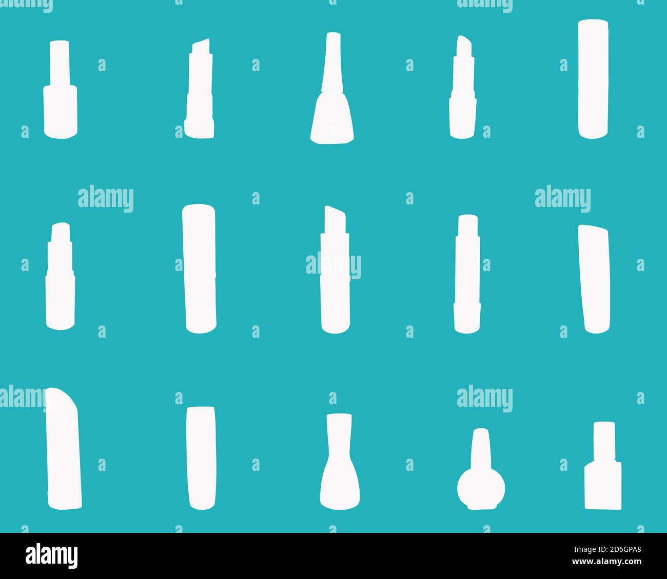 Verschiedene Arten von Lippenstiften und Nagellack weiße Symbole isoliert Auf demselben blauen Hintergrund Stockfoto