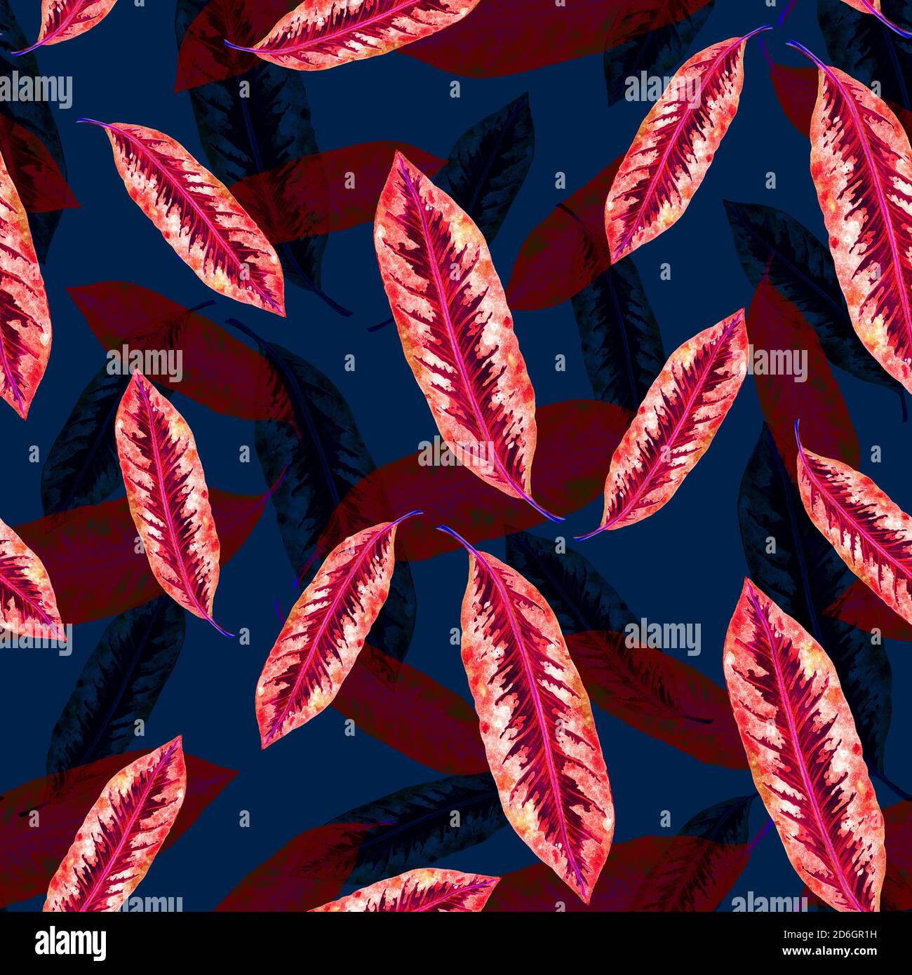 Maranta gestreifte rote Blätter, handbemalt Aquarell Illustration nahtlose Muster-Design auf gelb dunkelblauen Hintergrund Stockfoto
