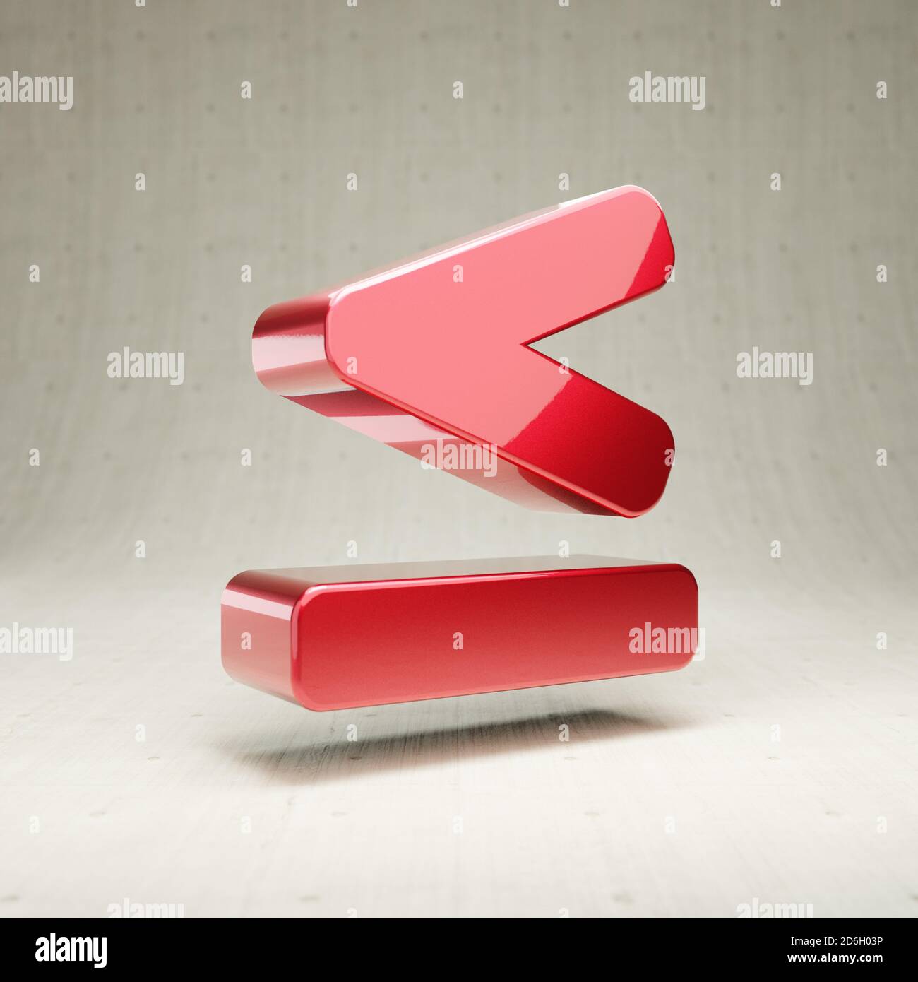 Symbol kleiner als oder gleich. Gold glänzend weniger als oder gleich Symbol isoliert auf weißem Beton Hintergrund. Modernes Icon für Website, Social Media, Präsentation, Design Template Element. 3D-Rendering. Stockfoto