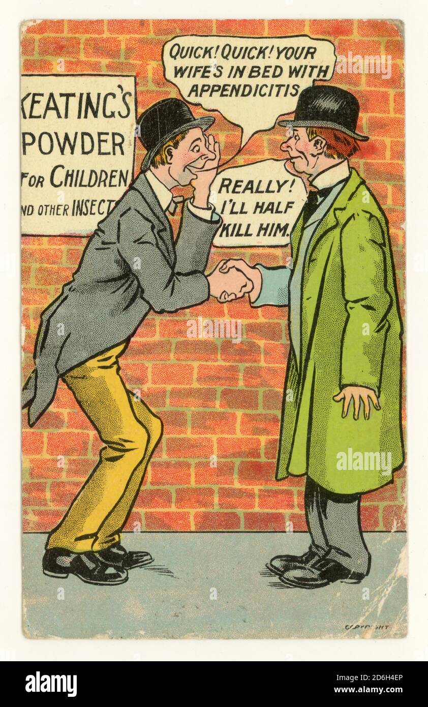 Anfang der 1990er Jahre Comic Cartoon Postkarte Frau mit Appendicitis Witz, um 1905, Großbritannien Stockfoto