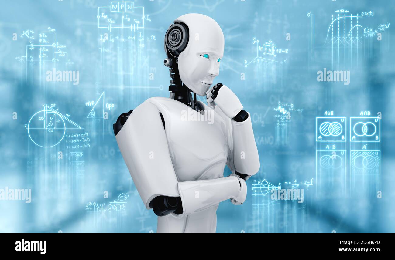 Thinking AI humanoiden Roboter Analyse Bildschirm der Mathematik Formel und  Wissenschaft Gleichung durch den Einsatz von künstlicher Intelligenz und  maschinellem Lernprozess Stockfotografie - Alamy