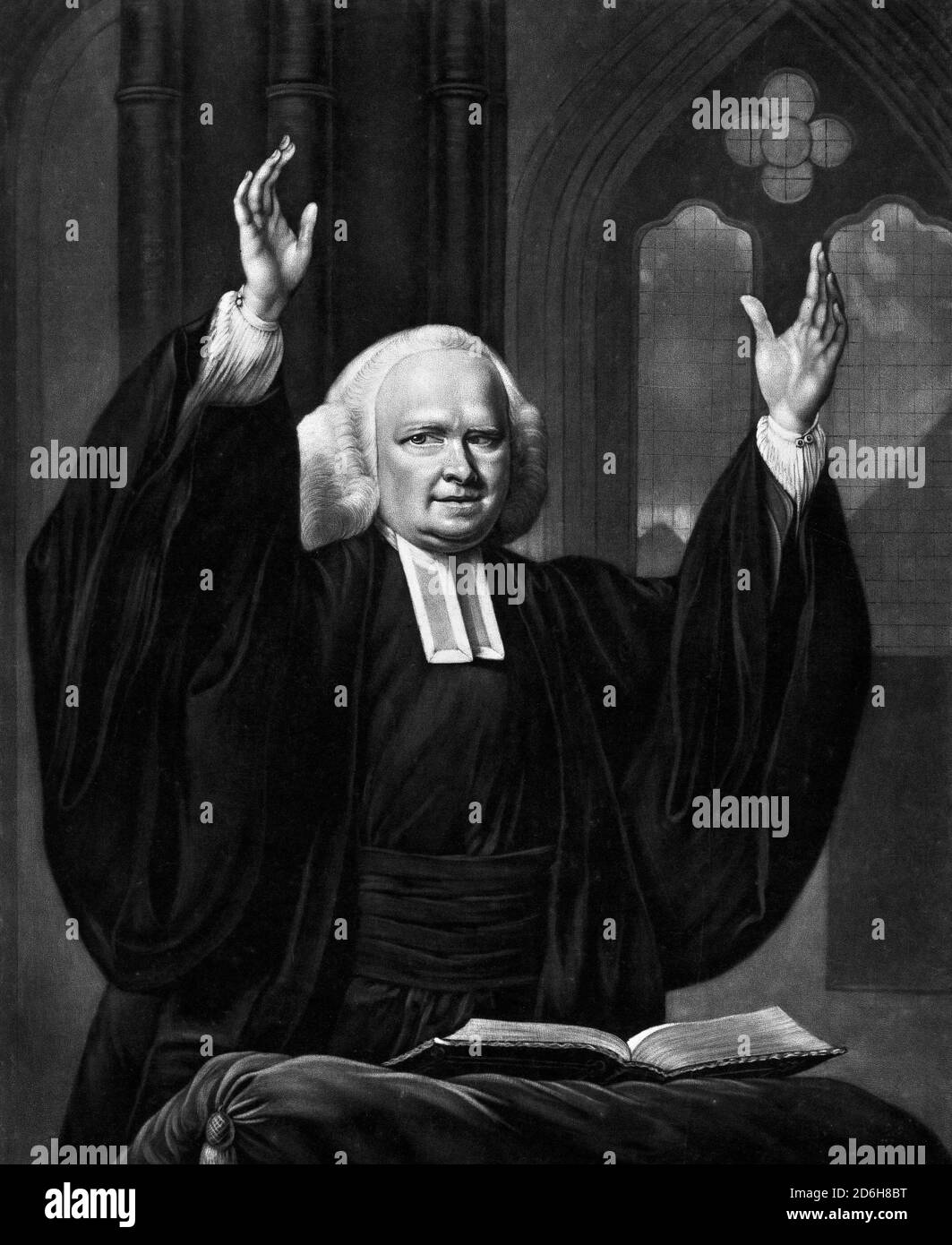 George Whitefield. Porträt des anglikanischen Geistlichen, Reverend George Whitefield (1714-1770) Predigerin, Druck von John Greenwood, nach Nathaniel Hone, um 1759-1770. Whitefield war einer der Gründer der Methodisten und der evangelischen Bewegung. Stockfoto