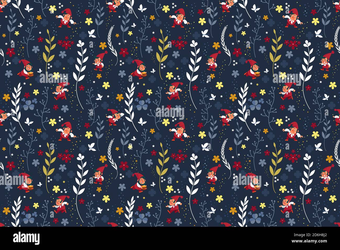 Märchen fantastische gnome nahtlose Muster Hintergrund Zwerg Elf Charakter Posen magische Kobold niedlich Märchen Mann Vektor Illustration. Stock Vektor