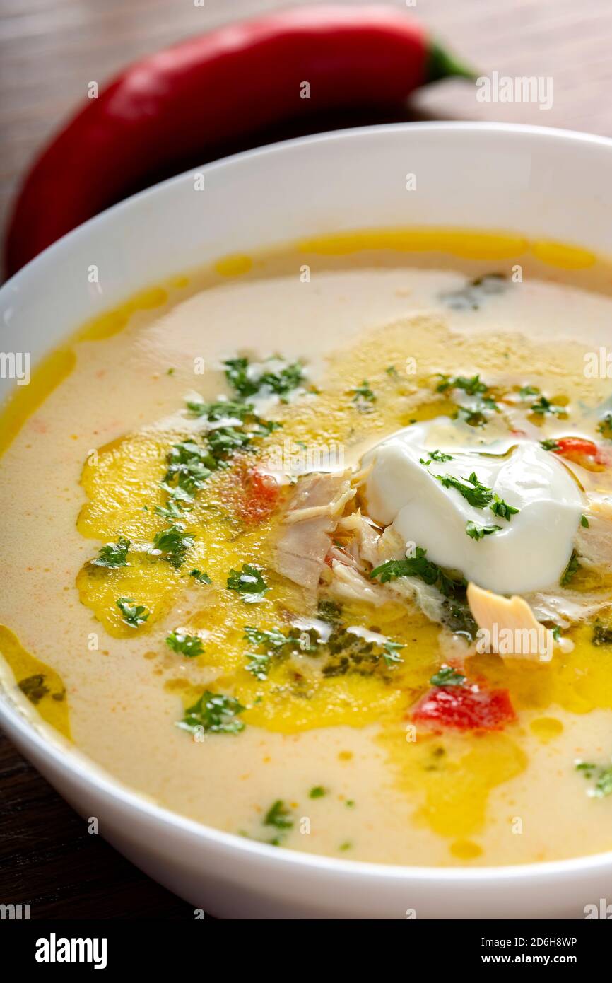 Ciorba Radauteana - Rumänische traditionelle Hühnersuppe mit Sahne Stockfoto