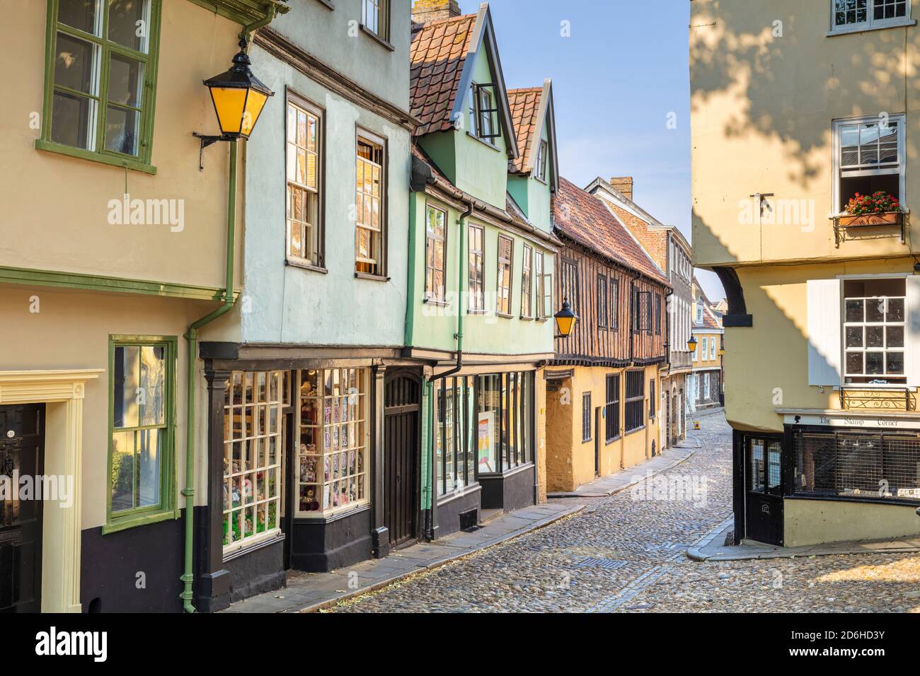 Norwich Elm Hill Norwich eine historische gepflasterte Straße in Norwich, Norfolk East Anglia England GB Europa Stockfoto