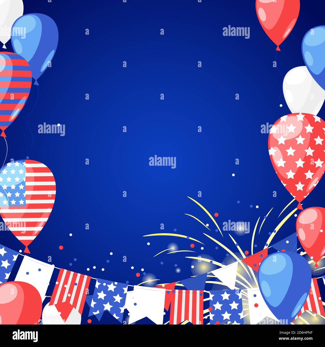 4. Juli USA Independence Day. Abstrakter Rahmen mit Platz für Text. Vektor-Hintergrund mit Feuerwerk, Fahnen und Luftballons. Stock Vektor