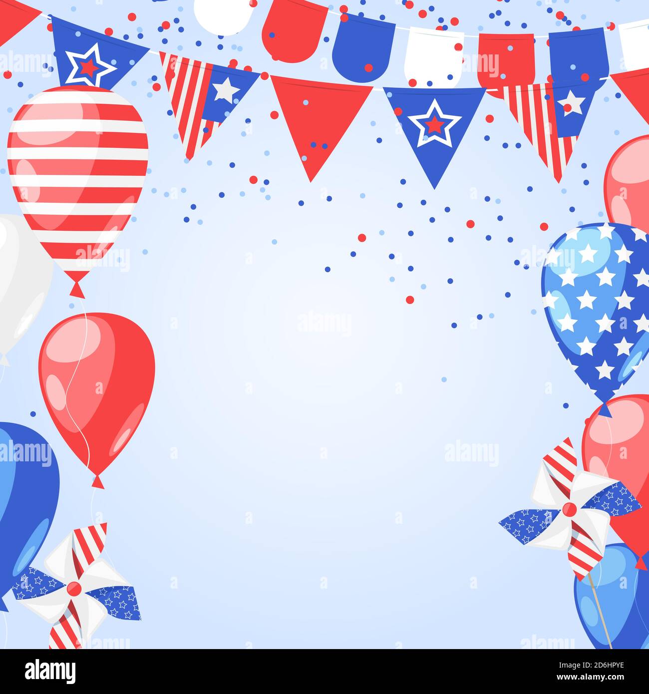 4. Juli USA Independence Day. Abstrakter Rahmen mit Platz für Text. Vektor weißen Hintergrund mit Feuerwerk, Fahnen und Luftballons. Stock Vektor
