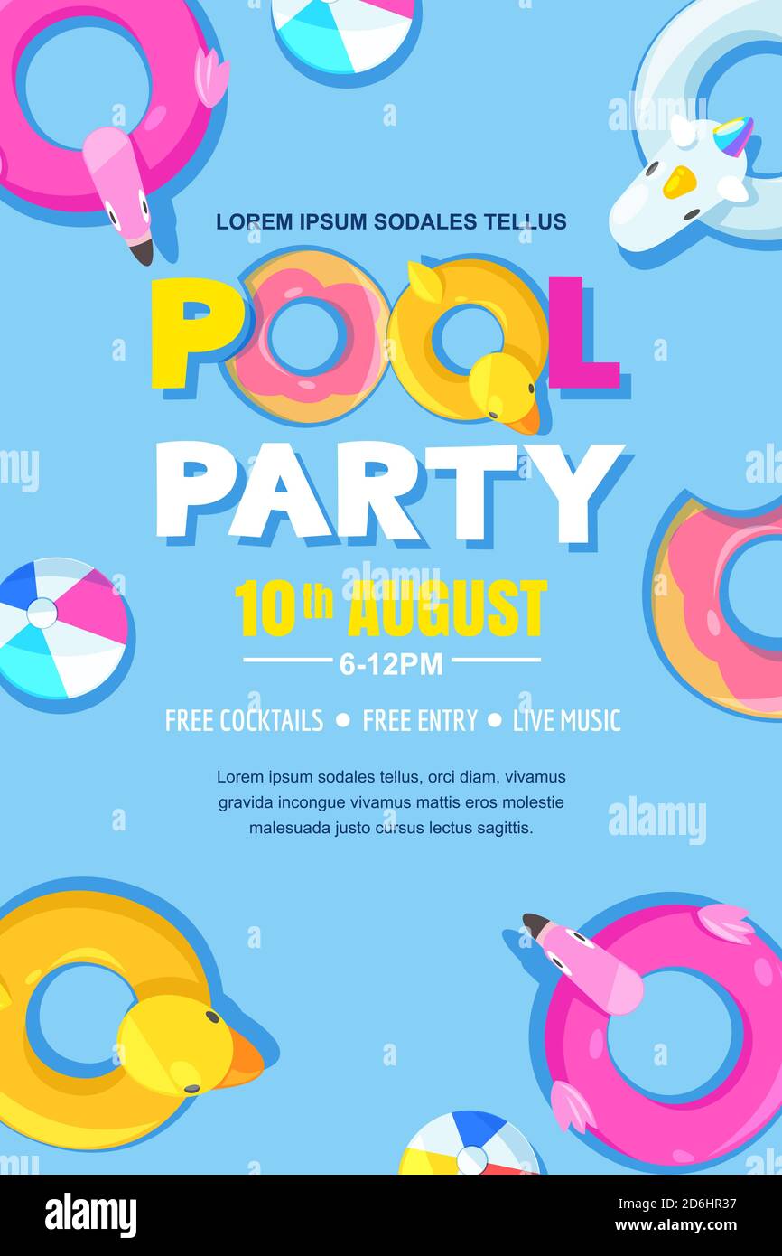 Sommer Pool Party, Vektor-Poster, Banner-Layout. Einhorn, Flamingo, Ente, Ball, Donut cute schwimmt im Wasser. Abbildung von oben. Ein lustiger Urlaub Stock Vektor