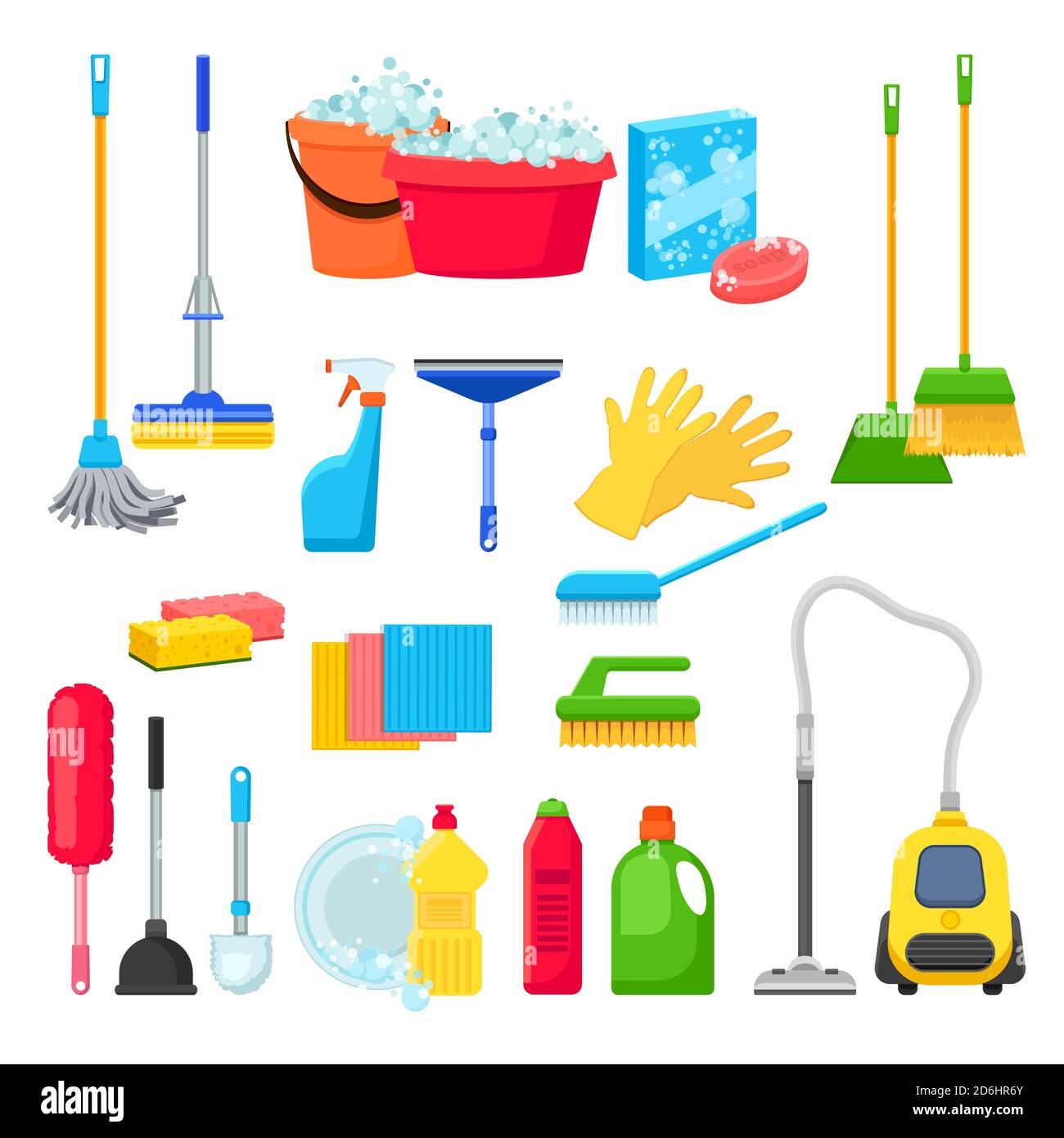 Reinigungsmittel und Reinigungsmittel in Flaschen, Haushaltsgeräte und Haushaltsgeräte. Vektor isolierte Objekte und Design-Elemente. Stock Vektor